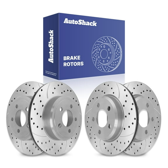 AutoShack Front & Rear Brake Rotors for Dodge, Charger 2007-2010, 2012-2014, 2022-2023, RWD AWD V6 2.7L 3.5L 3.6L V8 5.7L - Coated Drilled & Slotted - Silver Matte Finish - TurboGuard