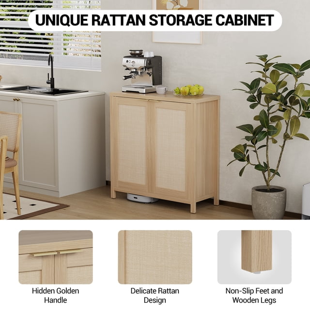 EDTara Sideboard Buffet Cabinet, Versatile Liquor Coffee Bar Console With Adjustable Shelves and Chic Boho Rattan Accents, Great Storage for Kitchen, Dining Room, or Hallway