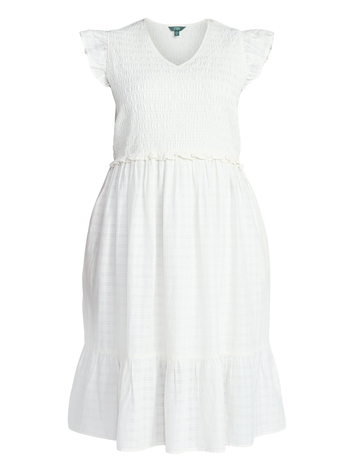 Terra & Sky Women's Plus Cotton Midi Dress with Smocked Bodice, Sizes 0X-5X
