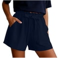 thumbnail image 2 of ClodeEU Women's Linen Blend Drawstring Shorts with Pockets ,Pleated Elastic Waist Casual Bottoms Navy,Womens Plus XL, 2 of 5