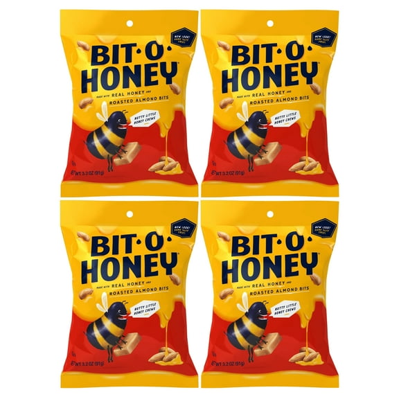 Bit O Honey Almond Taffy Candy Soft Chews Individually Wrapped Bite Sized Candies for Halloween Holiday Party Favor Treats Goodie Bag Fillers Picnic Home Kitchen Food Snacks, 3.2 oz Each - Pack of 4