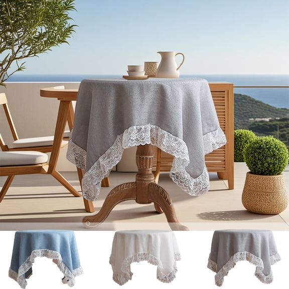 Lace Trimmed Polyester Tablecloth | Elegant Solid Color Linen-Like Fabric | Round Dining Table Cover | Machine Washable | Soft Durable | 1 Piece | 39.4 Inch