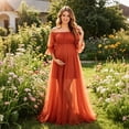thumbnail image 5 of Karymi Off Shoulder Short Puff Sleeve Maternity Tulle Maxi Gown, Flowy Chiffon Tulle Split Pregnancy Dress, Formal Photography Long Dress Maxi Dresses for Women, 5 of 8