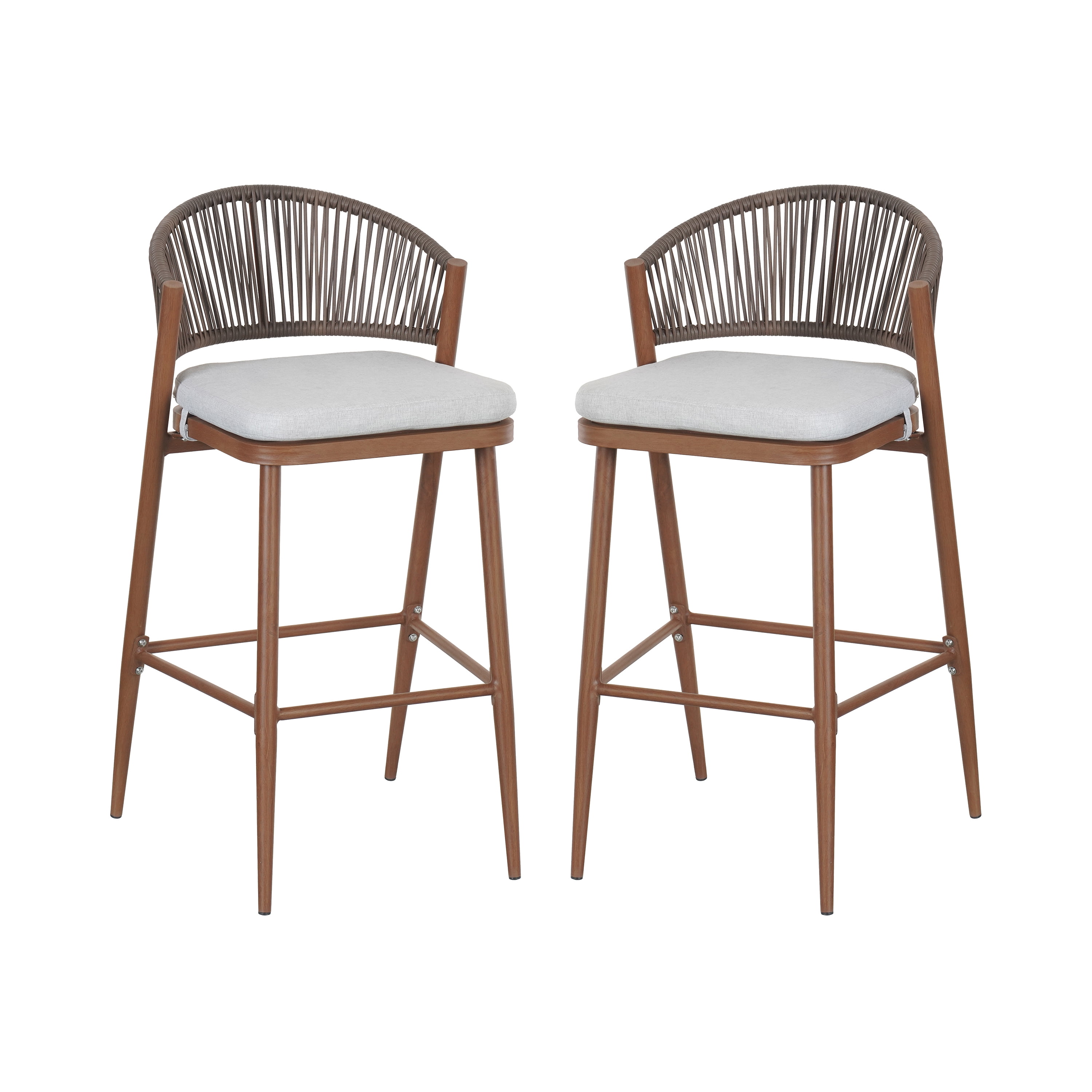 Barstools Set of 2, Outdoor 30.25 Inch Seat Height Aluminum Frame Stools with PE Rattan Scallop-Shaped Backrest, Teak Finish