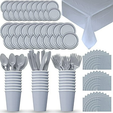 Decorative Silverplate Spoon - Party Supply Pack for 24 - Silver - 2 Size plates, Cups, Napkins , Cutlery (Spoons, Forks, Knives), and tablecovers. (Sliver)