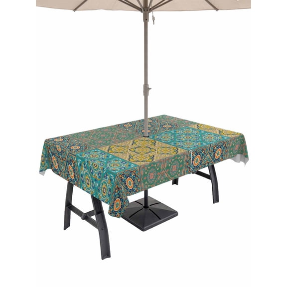 Outdoor Tablecloth with Umbrella Hole for Patio/Picnic/Party/Camping, Teal Yellow Boho Waterproof Table Cloth Rectangle Table Cover Washable, Bohemian Geometric Flowers Plaid (60"x 84")