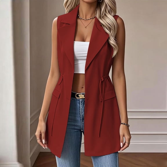 Women Blazer Vests Long Drawstring Waist Open Front Outerwear Gilet, Notch Lapel Business Casual Waistcoat with Pockets Wine Long Cardigan Sweaters for Women L