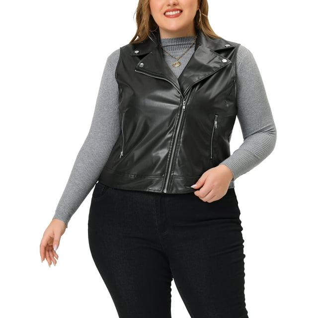 GRACE & GRANDEUR Plus Size Leather Vest for Women Zip Up Notch Lapel Riding Club Vests Jacket Black 2X