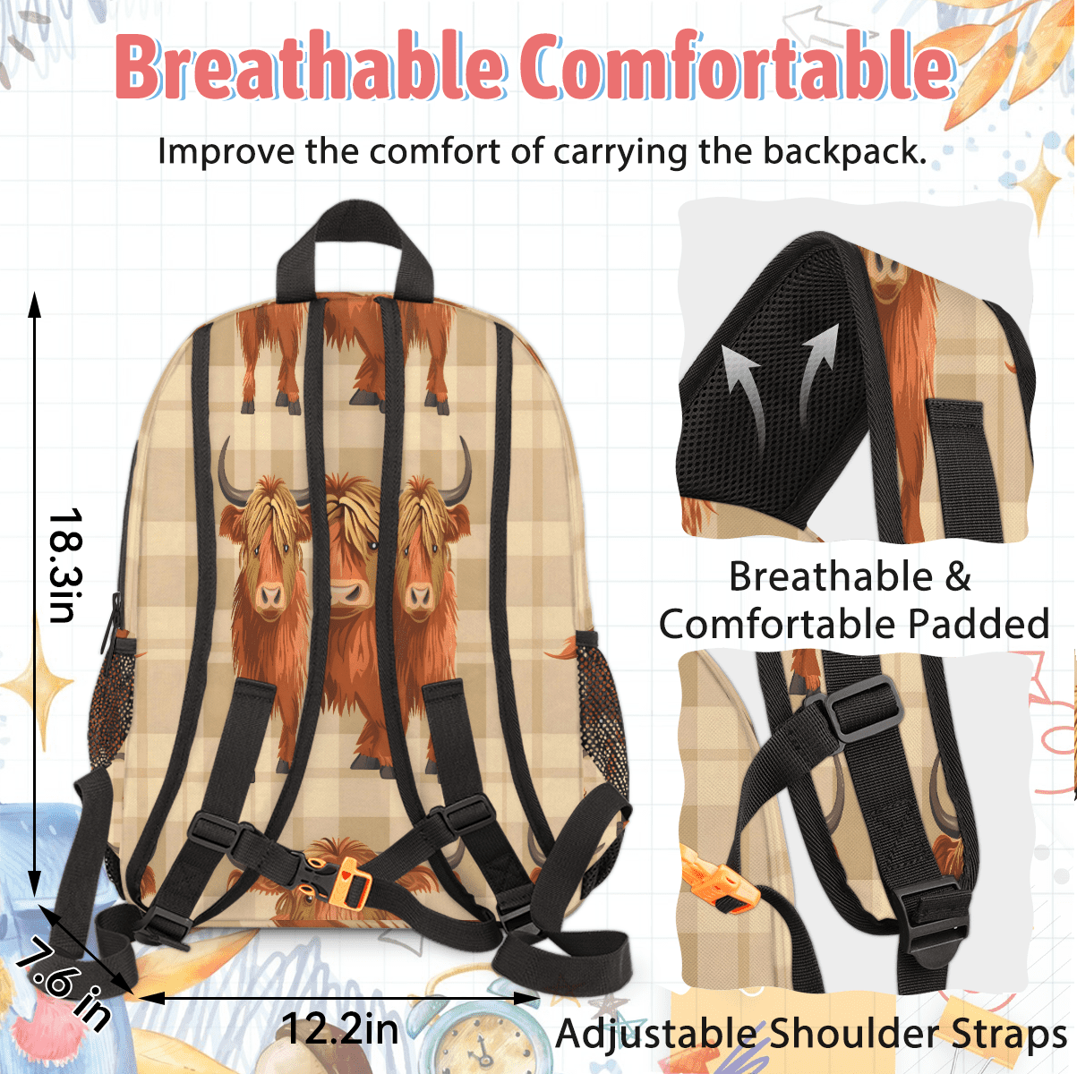 Herdesigns Cow Highland Large Backpack Set with Lunch Box Lightweight Water Resistant Travel Laptop Backpacks Casual Daypacks for Women Men