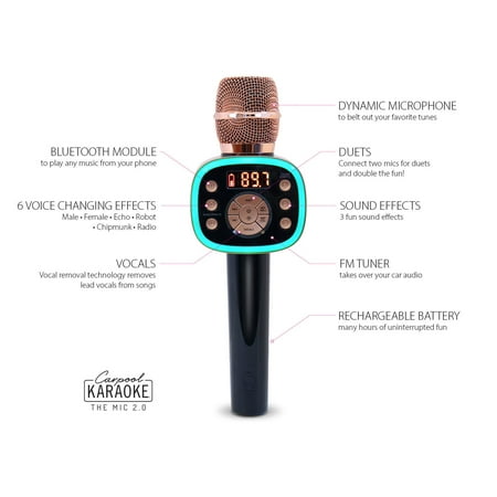 Singing Machine Bluetooth Carpool Karaoke Microphone 2.0, Stand Alone Mic, CPK565RD, Rose Gold