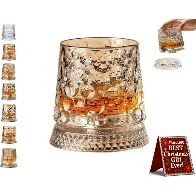 360 Degree Rotating Whiskey Glass, Spinning Cocktail Glass with Stable Decoupled Base, Old Fashioned Crystal Cut Drinking Glassware, Stress Relief Function, Unique Whiskey Gift for Husband Father