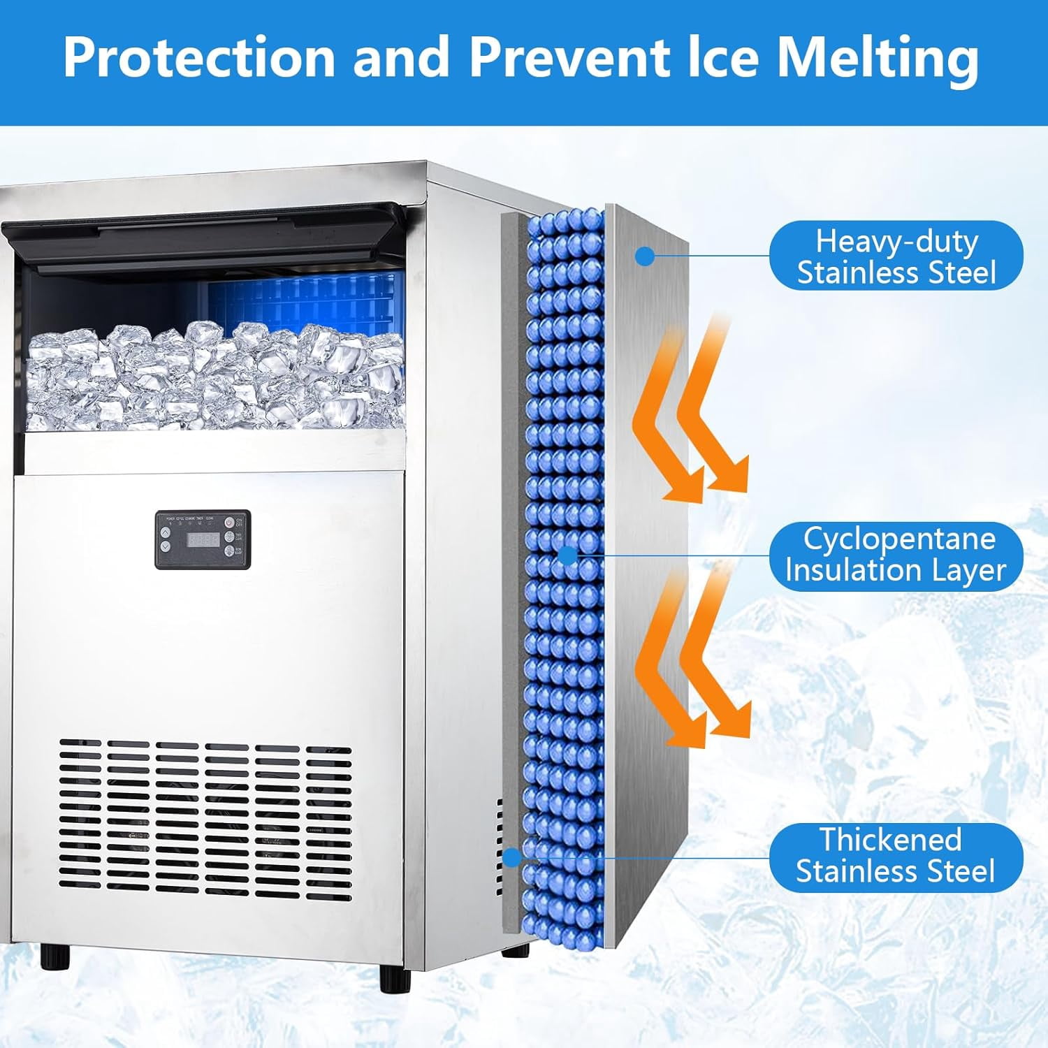 Commercial Ice Maker Machine 100lbs/24H,2 Water Inlet Modes,Stainless Steel Under Counter Ice Machine With 33lbs Storage Bin,Freestanding Ice Maker 50Pcs/Cycle for Bar Home Office Restaurant