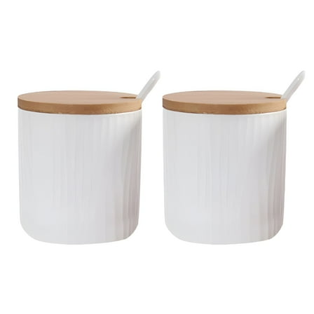 ACDANC Ceramic Sugar Bowl with Wooden Lid and Porcelain Spoon,Retro Small Sugar Bowl,Suitable for Coffee Bar,Kitchen,and Breakfast,White