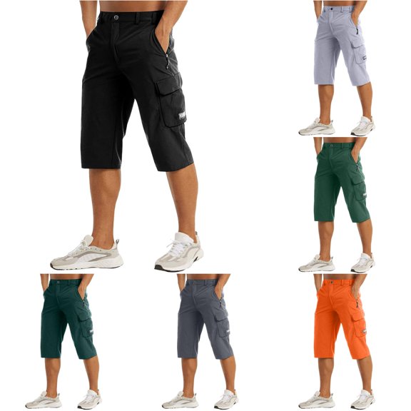 XIAONU Cargo Capri Pants for Men Button Closure Multi Pockets Casual Trousers