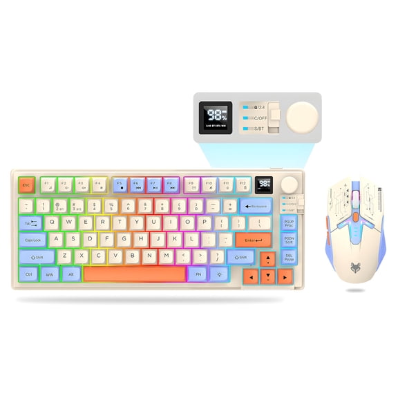 75% Wireless Gaming Keyboard and Mouse Combo, Tri-Mode BT5.0/2.4GHz/USB-C, RGB Backlit 80 Keys Keyboard with Knob Volume Control, 3D 1600DPI Mouse, 2000mAh Rechargeable Battery