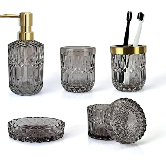Ahot Gray Bathroom Accessories Set, 5Pcs Clear Glass Bathroom Set, Soap Dispenser, Soap Dish, Toothbrush Holder, Cotton Swab Jar, Black and Gold Accent for Crystal Vintage Bathroom Decor