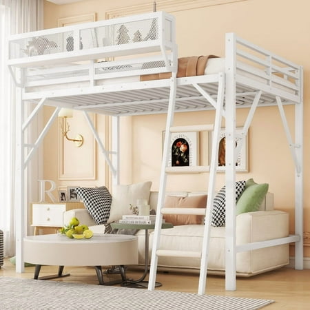 Queen Size Loft Bed with Storage Metal Loft Beds with Upper Shelf High Loft Bed Frame with Ladder Lofted Queen Bed for Teens White Loft Bed