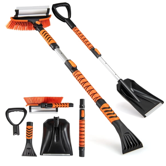 Gymax 4 in 1 Extendable Snow Shovel 42'' Ice Scraper for Car Windshield 180-Degree Rotation Brush Head