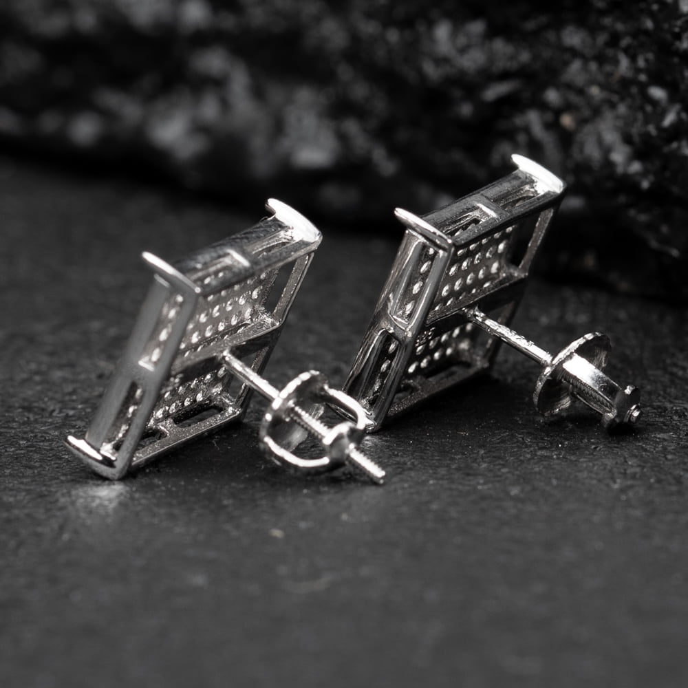 Mens Large White Gold Plated 925 Sterling Silver 5A Cz Cubic Zirconia Hypoallergenic Big Square Flat Screen 14mm Iced Hip Hop Micro Pave Ice Out Stud Screw Back Earrings For Men