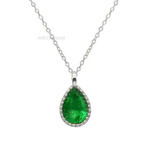 Teardrop Green Emerald Pendant Necklace for Women, Bezel Set Single Stone, 925 Sterling Silver Gift Jewelry