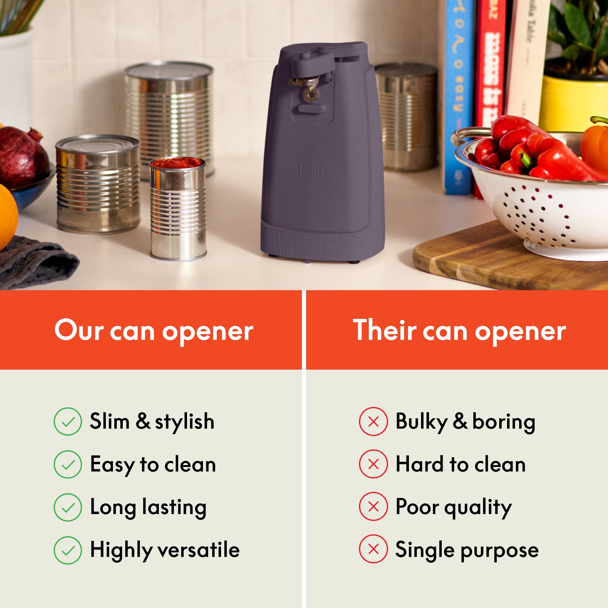 bella Electric Can Opener with Stainless Steel Cutting Blade and Cord Storage, Plum