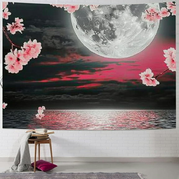 Autua Pink cherry blossom tapestry, full moon and night sky, gray clouds, wall tapestry, black ocean landscape tapestry, bedroom, living room, dormitory wall decoration 40x30inch