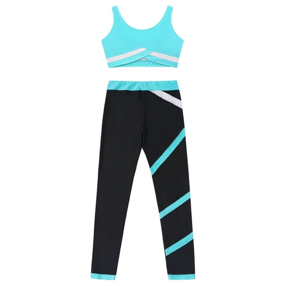 Raenseen Kids Girls 2 Piece Sport Suit Gym Vest Yoga Bra with Skating Pants Leggings Dancewear Blue Green 8