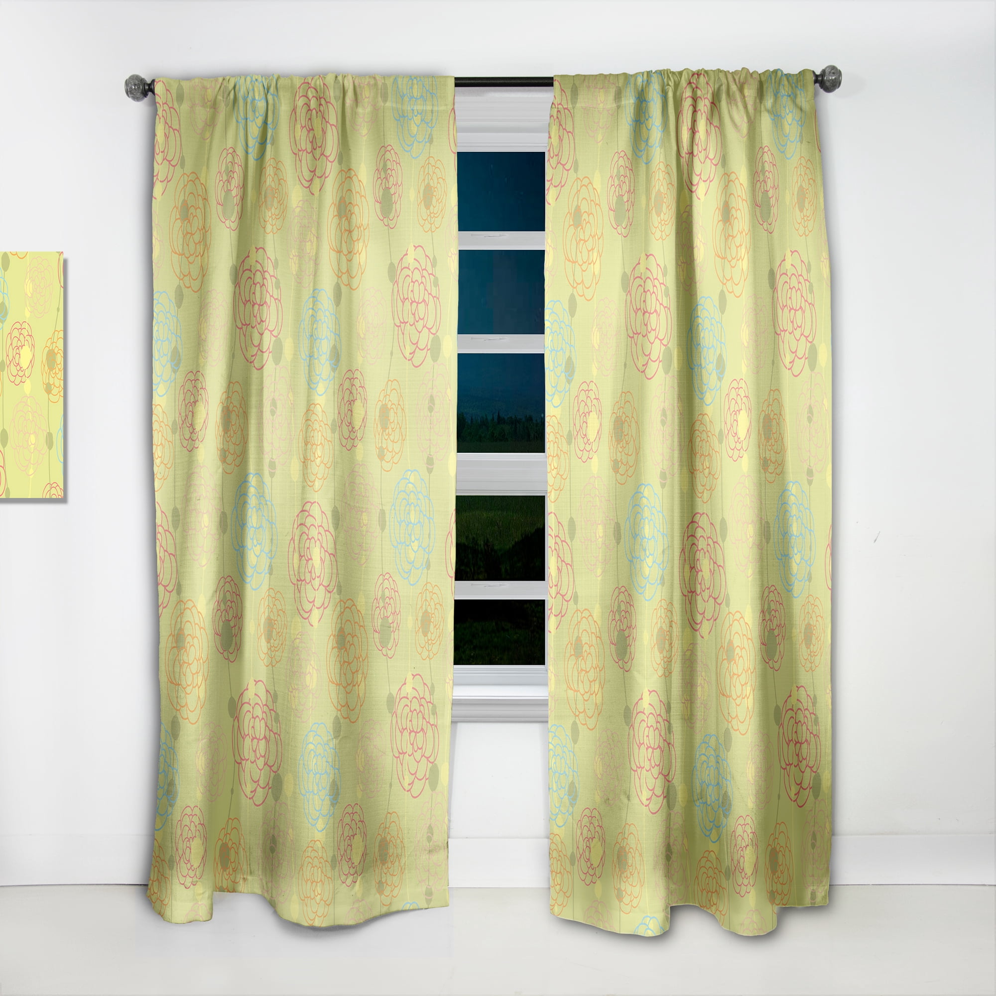 Designart 'Retro Flowers On Green Background' Mid-Century Modern Curtain Panel