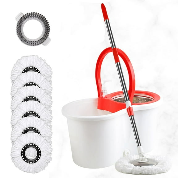 Spin Mop and Bucket with Wringer Set, Mop Bucket System with 6 Microfiber Mop Head, 1 Floor Scrub Brush and 61" Stainless Steel Adjustable Handle for Floor Cleaning, White