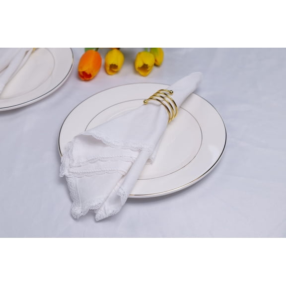Cloth Dinner Napkins with Lace - Linen Rayon Cotton Blend -White