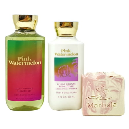 Bath & Body Works PINK WATERMELON Duo Value Pack with a Marbela Himalayan Salts Springs Bar Soap - Shower Gel and Body Lotion - Full Size