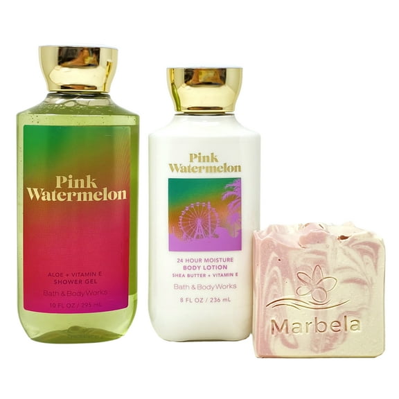 Bath & Body Works PINK WATERMELON Duo Value Pack with a Marbela Himalayan Salts Springs Bar Soap - Shower Gel and Body Lotion - Full Size