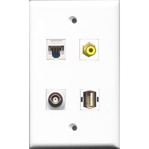 RiteAV 1 Port RCA Yellow and 1 Port USB A-A and 1 Port BNC and 1 Port Cat5e Ethernet White Wall Plate