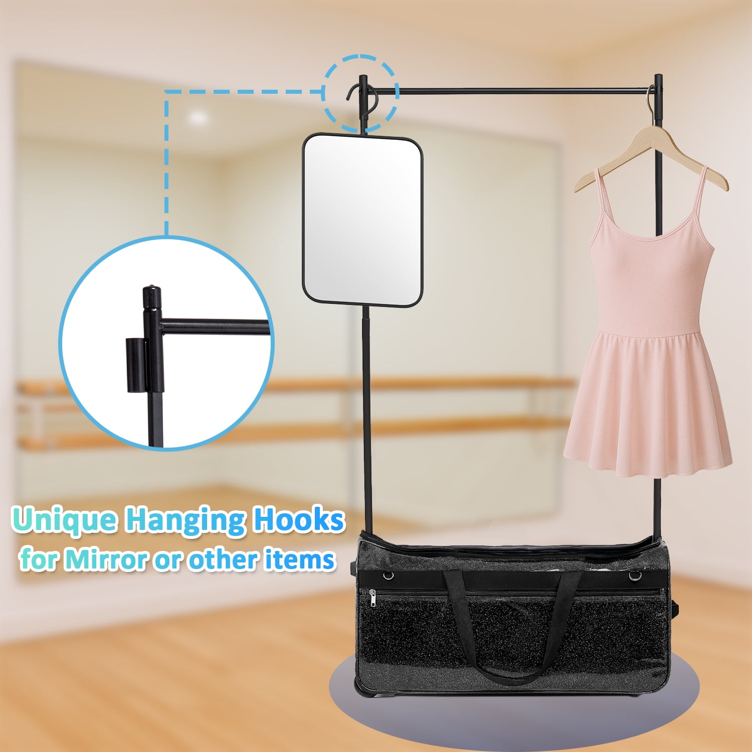 Rolling Dance Competition Bag with Retractable Garment Rack, 29 Inch, Black, Wheeled Travel Suitcase with Privacy Curtain (Black)