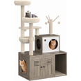 thumbnail image 3 of OUYAWEI Cat Tree with Litter Box Enclosure Wooden Condo Platform Hammock Pompoms Scratching Posts All-in-One Gray, 3 of 8
