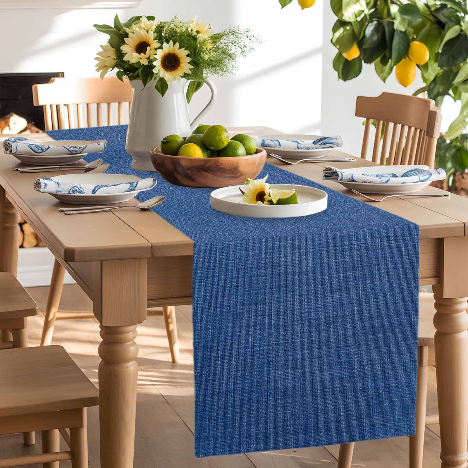 Table Runner 120 Inches Long for Kitchen Dining, Dark Blue Dresser Scarf Farmhouse, Dining Table Decorations for Wedding/Parties, Farmhouse Burlap Solid Color Blue Modern Linen Texture 13 x 120 In