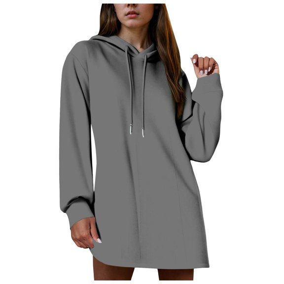 Womens Dresses Fall Winter Casual Long Sleeve Drawstring Pleated Hoodies Sweatshirt Pullover Tunic Mini Dress