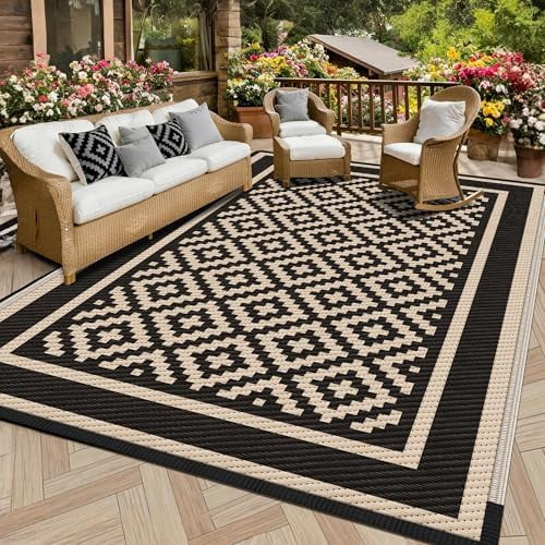 RV Outdoor Rug 8x10 Reversible, Waterproof Patio Mat with 4 Stakes & UV Fade Resistant, Non-Slip Outdoor Camping Mat for Deck, Picnic, Backyard, Includes Carry Bag (Black & Brown)