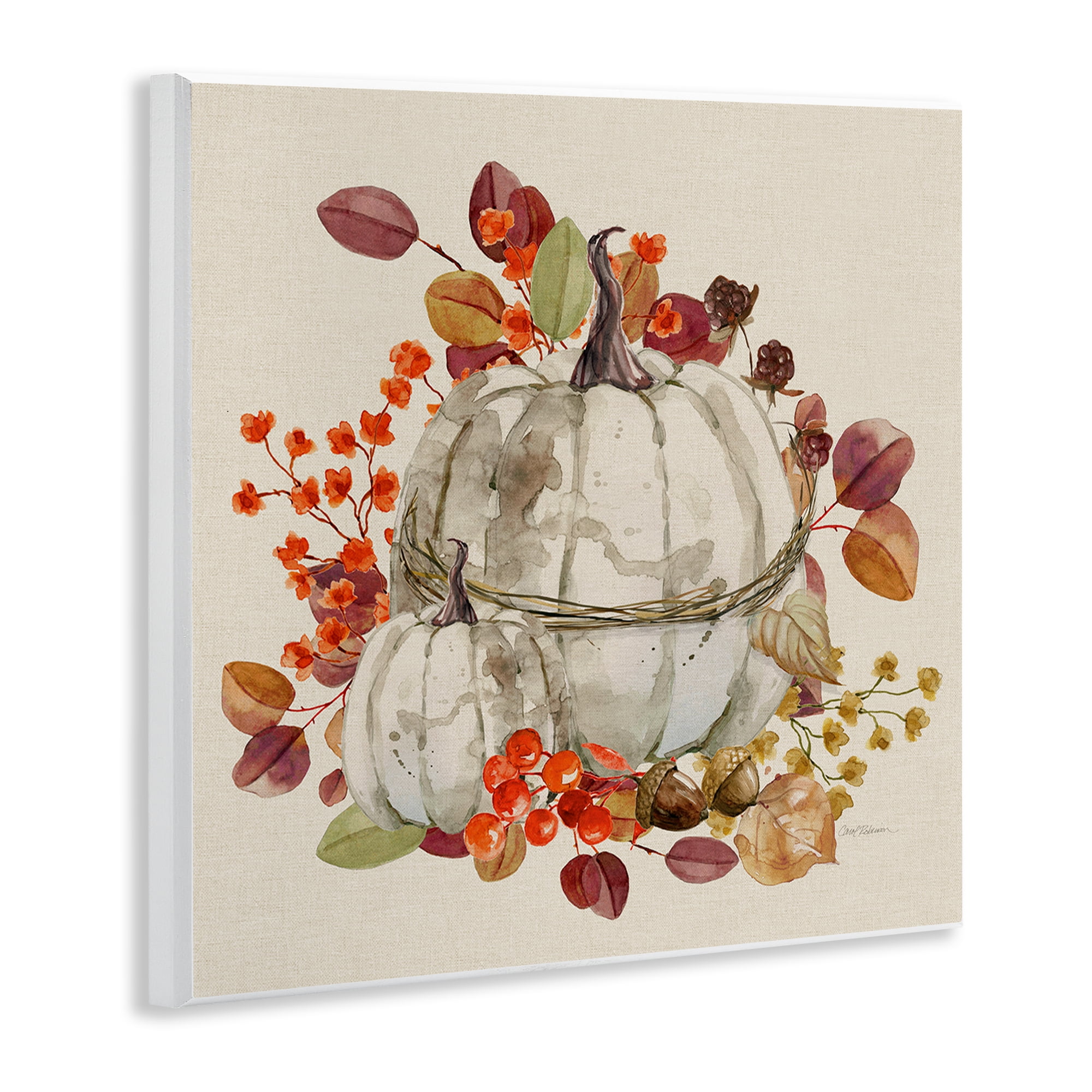 Stupell Industries Seasonal Pumpkin & Leaves Botanical & Floral Painting Unframed Art Prints Wall Art, 12 x 12