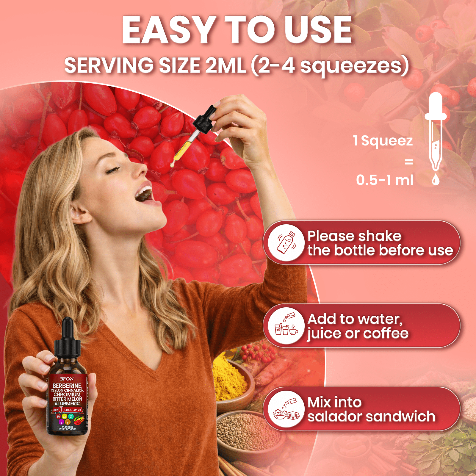 BFQN Organic Berberine & Ceylon Cinnamon Liquid Drops – 13-IN-1 with Bitter Melon, Turmeric, Support Blood Sugar, Metabolism & Weight Management, 2 fl oz (2-Pack)
