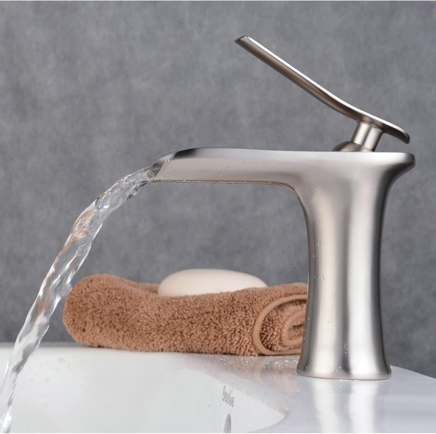 Bathroom Waterfall Faucets for Sink, Solid Brass, Hot and Cold Water Mixer Tap, Single Handle Waterfall Bathroom Sink Faucets Brushed, High