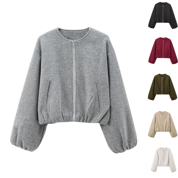 Women's Solid Color Loose Short Bomber Jacket Casual Fashion Long Sleeve Outerwear Beige M