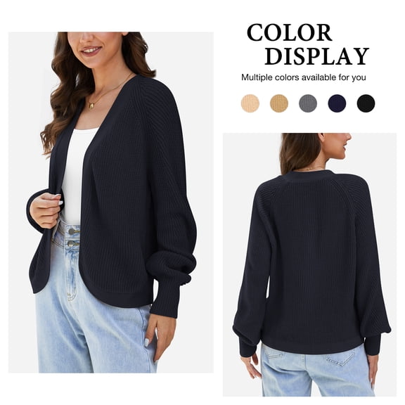 Asklazy Women's Loose Knit Lantern Seleeve Ribbed Sweater Open Front Caridigan,Navy,L