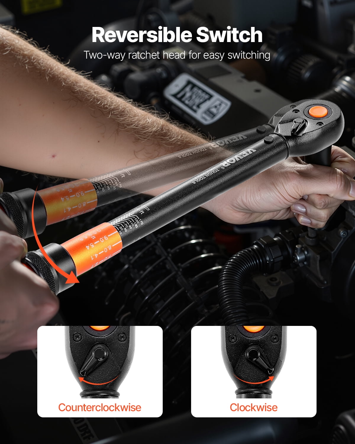 VEVOR Click Torque Wrench, 1/2 Inch Drive, 10-170 lbf-ft/13.6-230.5 N.m, Dual-direction Torque Wrench with Dual Range Scales, 72-tooth, ±3% High Precision, with Carrying Case, for Automobile Repair