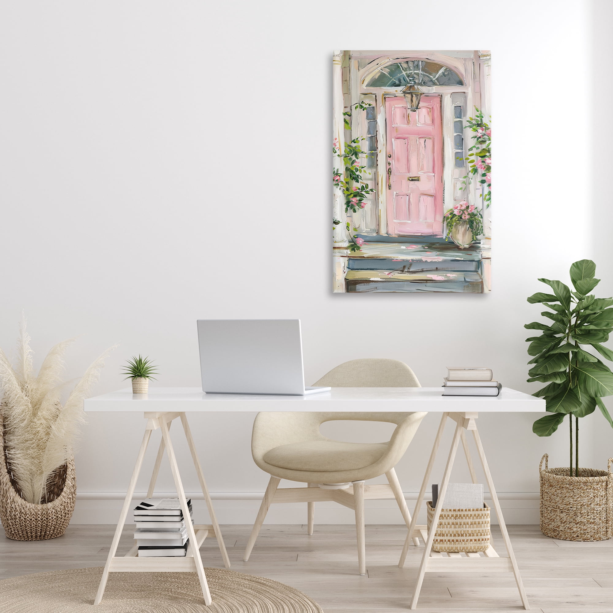 Stupell Industries Pink Door Welcome Town & City Painting Gallery Wrapped Canvas Art Print Wall Art, 24 x 36
