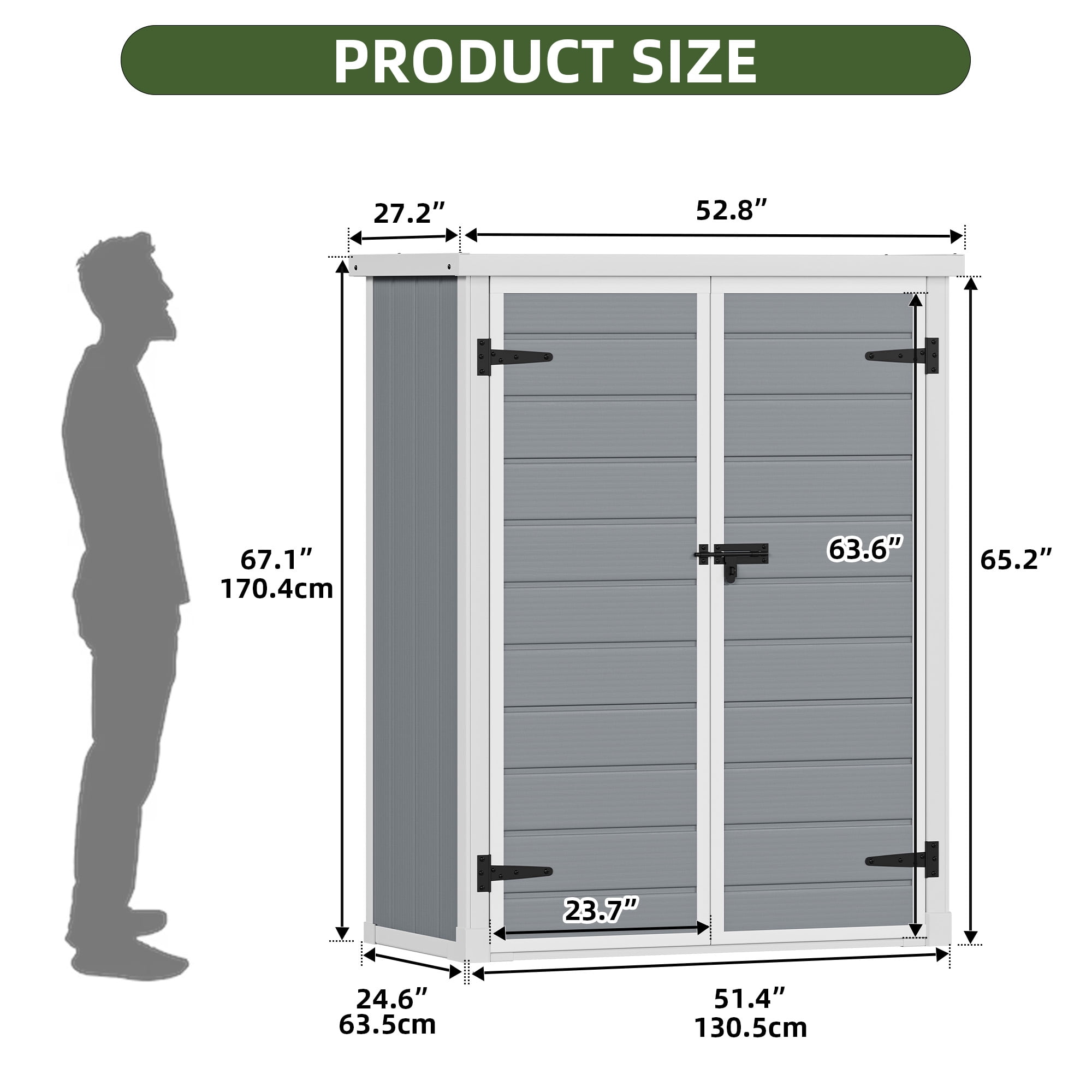 Craftian 49 Cu Ft Outdoor Vertical Storage Shed with Floor & 2 Shelves, Waterproof, Lockable (Gray)