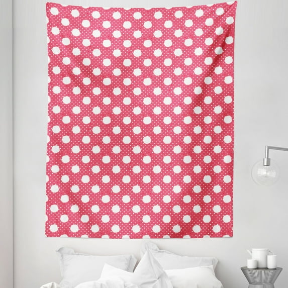 Pink Polka Dots Tapestry, Retro Style Fluffy Furry with Blots Romantic Feels, Fabric Wall Hanging Decor for Bedroom Living Room Dorm, 5 Sizes, Dark Coral Pale Pink, by Ambesonne