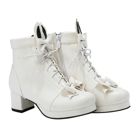 FRCOLOR  White Heels for Women Chunky Mid Ankle Boots Short