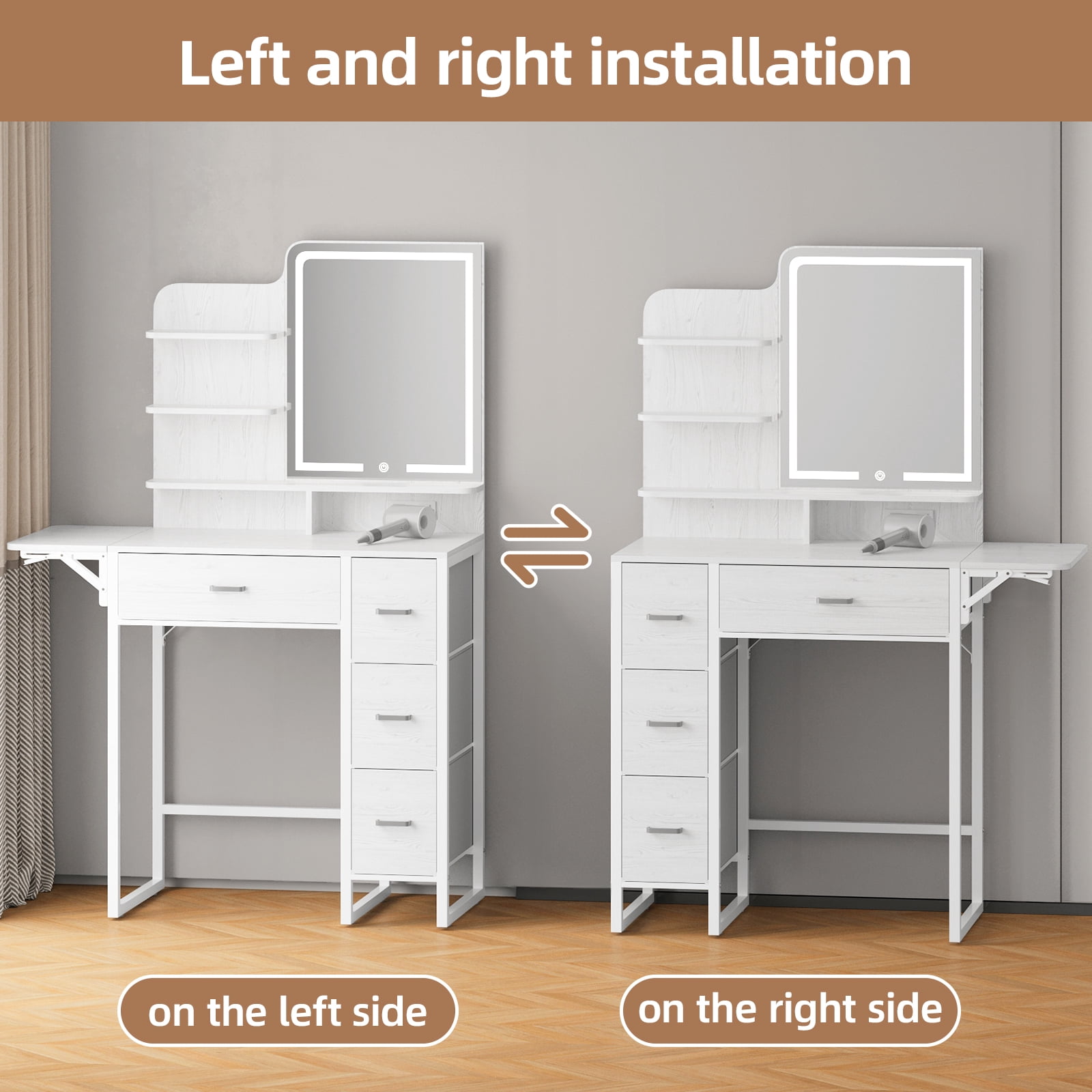 TOMNK Makeup Vanity Desk with LED Mirror, Lights, 4 Drawers, USB Ports & Stool, White