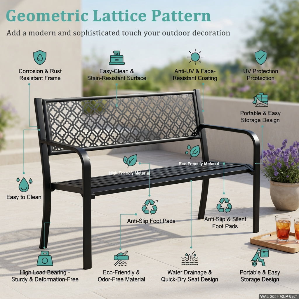 Hommoo 50" Modern Metal Garden Bench with Geometric Lattice Backrest, Slatted Seat & Anti-Slip Feet, Outdoor Patio Bench for Porch, Backyard, and Deck, Black